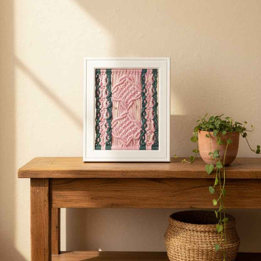 Framed Macramé Artwork - Pink & Deep Green