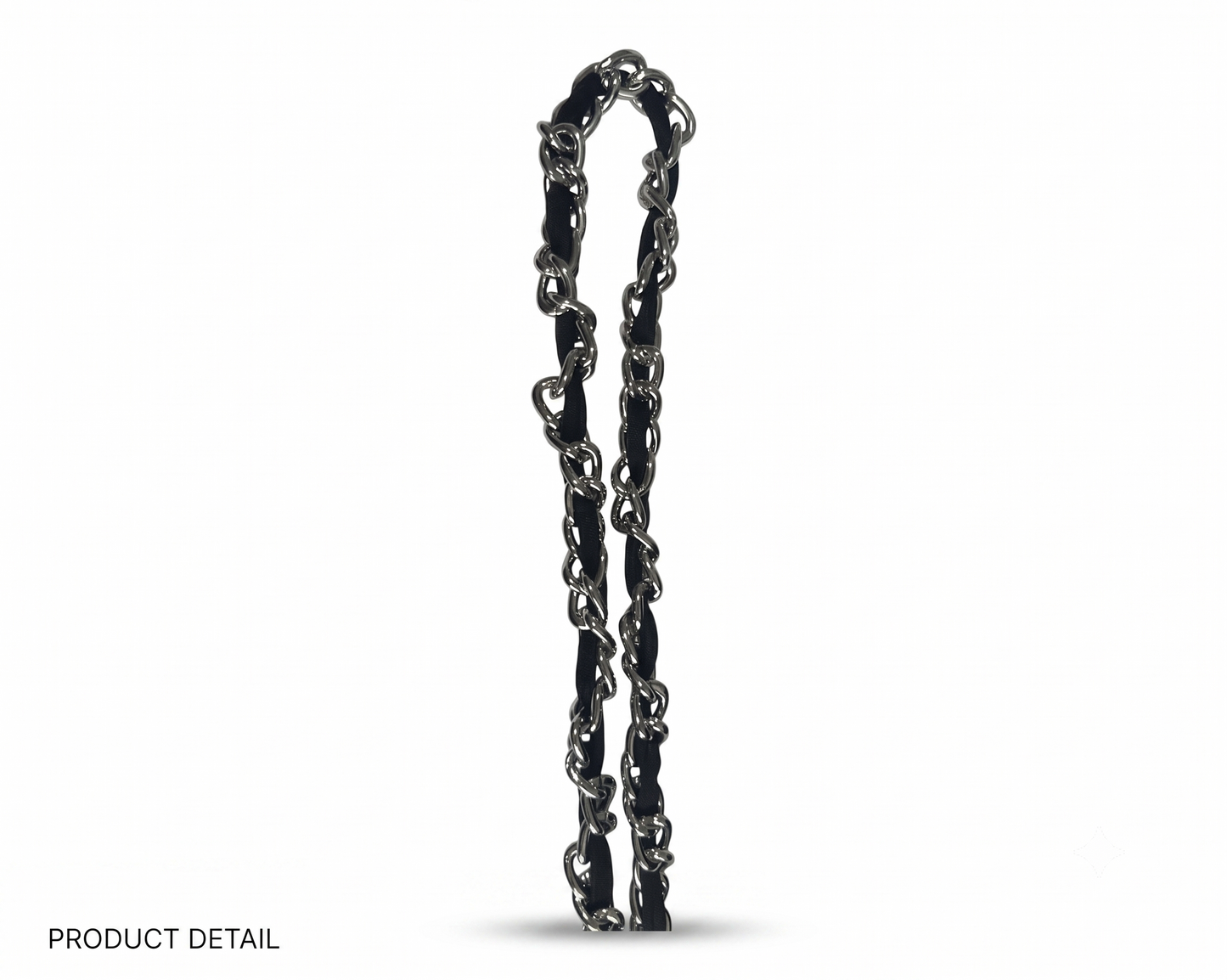 A close-up product detail of a black metal chain link, shown vertically against a plain white background with 'PRODUCT DETAIL' text in the bottom-left corner.