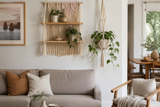 Modern living room with a macrame wall shelf and hanging plant in soft natural light