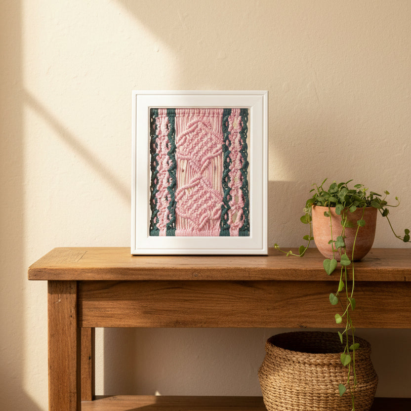 A framed macrame wall hanging with intricate pink woven patterns on a dark green background, enclosed in a white wooden frame against a solid green backdrop.
