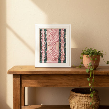 A framed macrame wall hanging with intricate pink woven patterns on a dark green background, enclosed in a white wooden frame against a solid green backdrop.