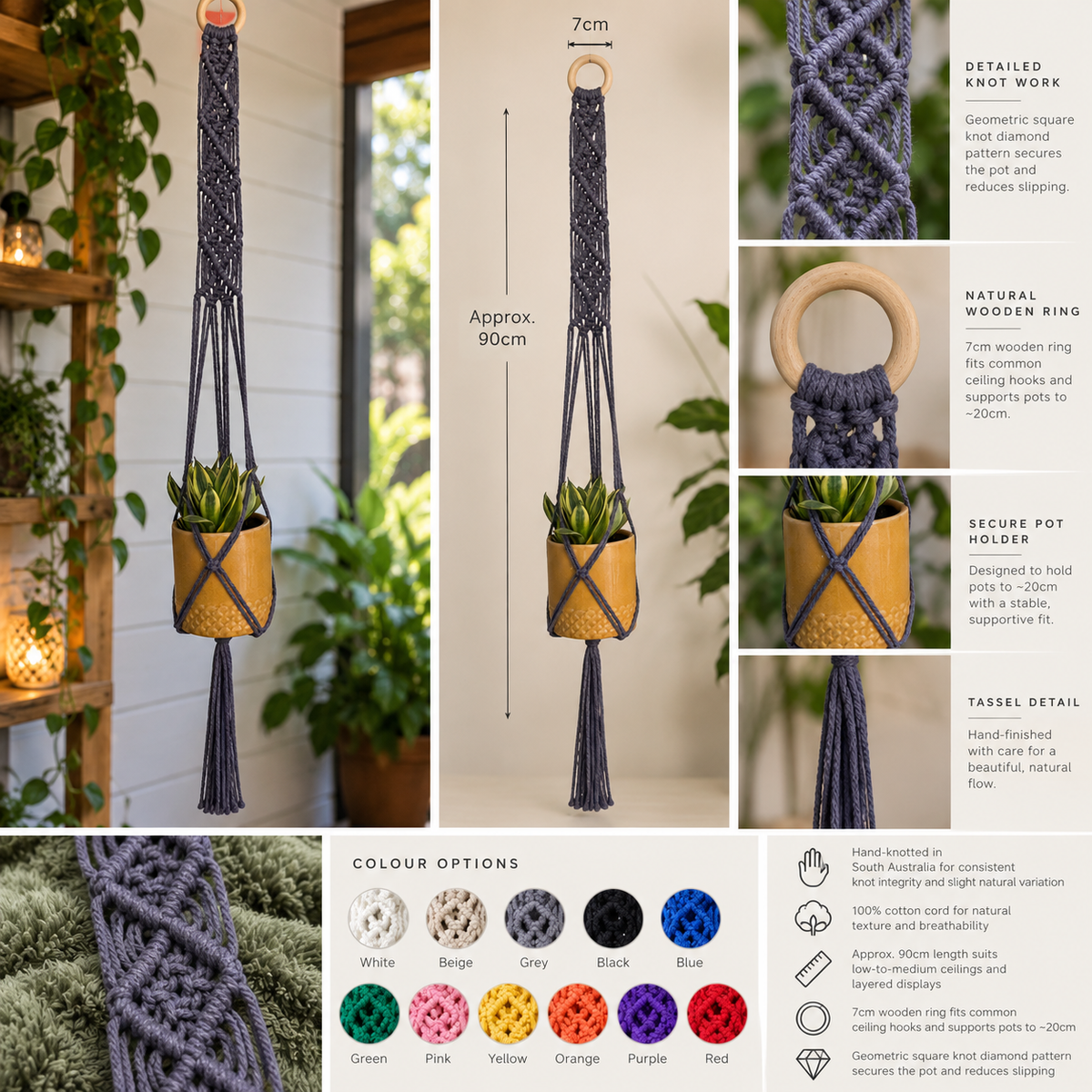 Macrame Plant Hanger - Signature Square Knot Diamonds