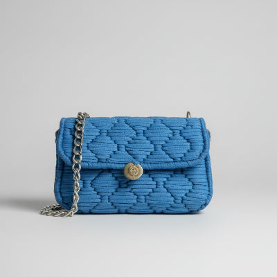 Threadline 05 Sapphire Mini Clutch by Twisted Threads Au, a stylish hand-held handbag with a sleek design and vibrant sapphire color.