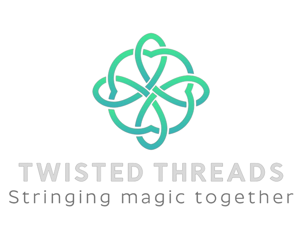 Logo of Twisted Threads with a green knot design on a white background