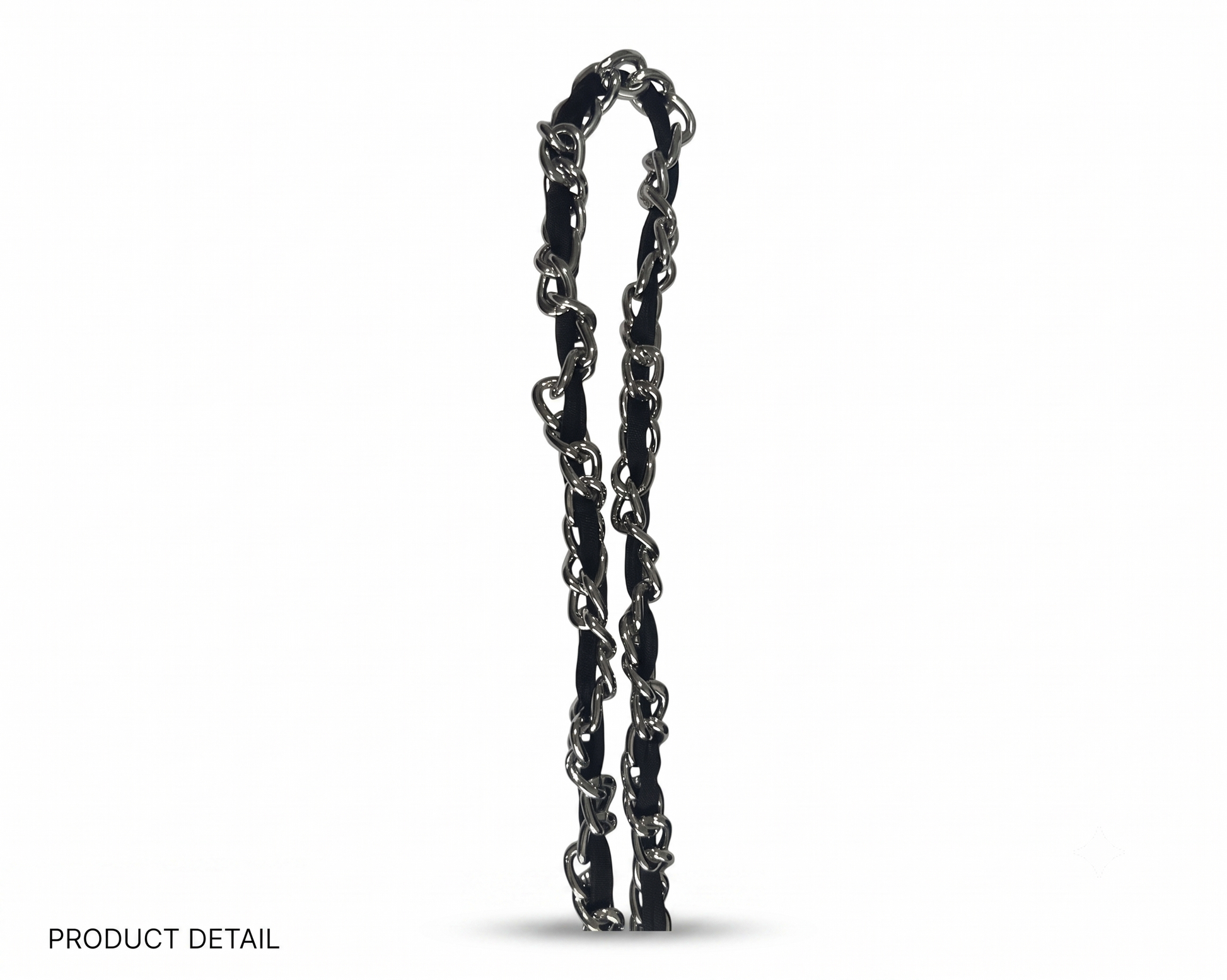 A close-up product detail of a black metal chain link, shown vertically against a plain white background with 'PRODUCT DETAIL' text in the bottom-left corner.