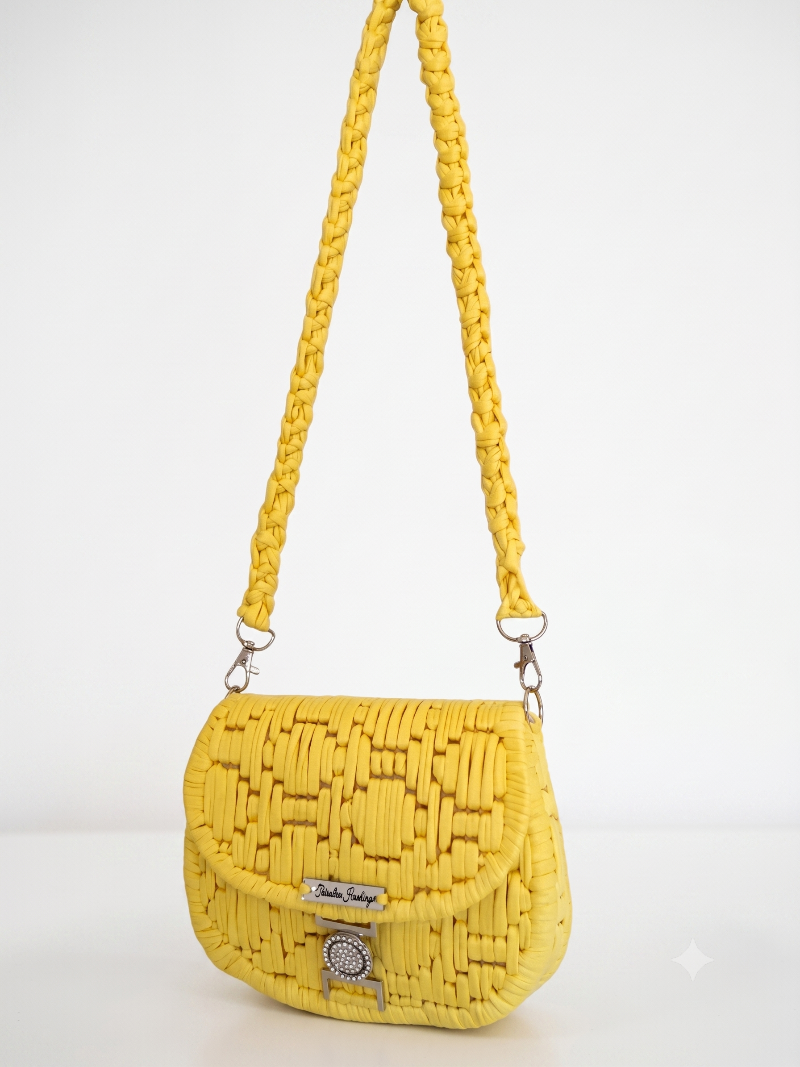 Limoncello-colored handmade shoulder bag from Twisted Threads Au's Threadline 12 collection, featuring a stylish and textured design.