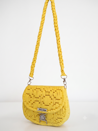 Limoncello-colored handmade shoulder bag from Twisted Threads Au's Threadline 12 collection, featuring a stylish and textured design.