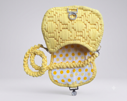Open Threadline 12 Limoncello handmade shoulder bag by Twisted Threads Au, showing vibrant yellow leather and spacious interior.