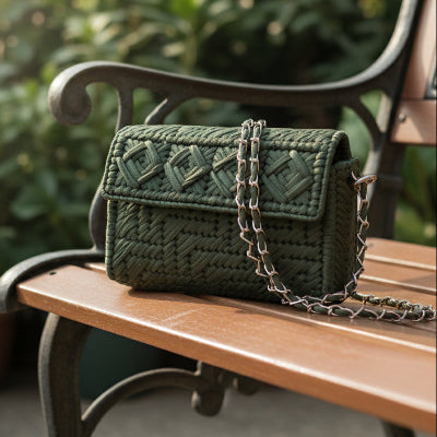 Olive green Threadline 06 Milanese convertible clutch handbag by Twisted Threads Au with sleek, woven design and adjustable strap.