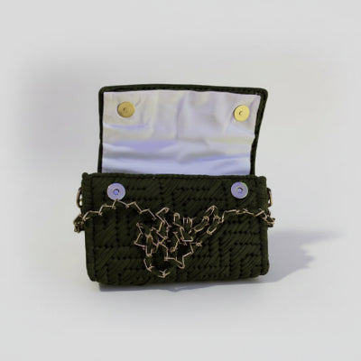 Olive green Threadline 06 Milanese convertible clutch handwoven by Twisted Threads Au, featuring a sleek, stylish design and lining.