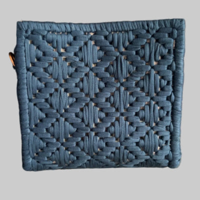 Denim blue Threadline 04 Pavilion mini shoulder bag by Twisted Threads Au, showing back view with stitched detailing and shoulder strap.