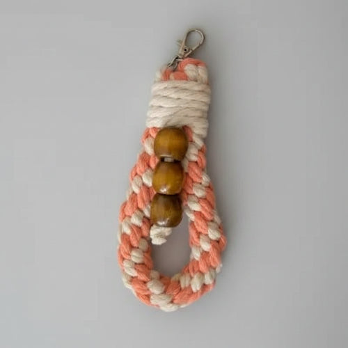 Chunky cotton loop keychain with wooden beads from Twisted Threads Au, featuring a textured loop and natural wooden accents.