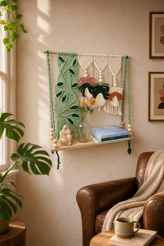Front view of Twisted Threads Au Still Canopy Shelf, a functional fibre art piece with a stylish, intricate design.