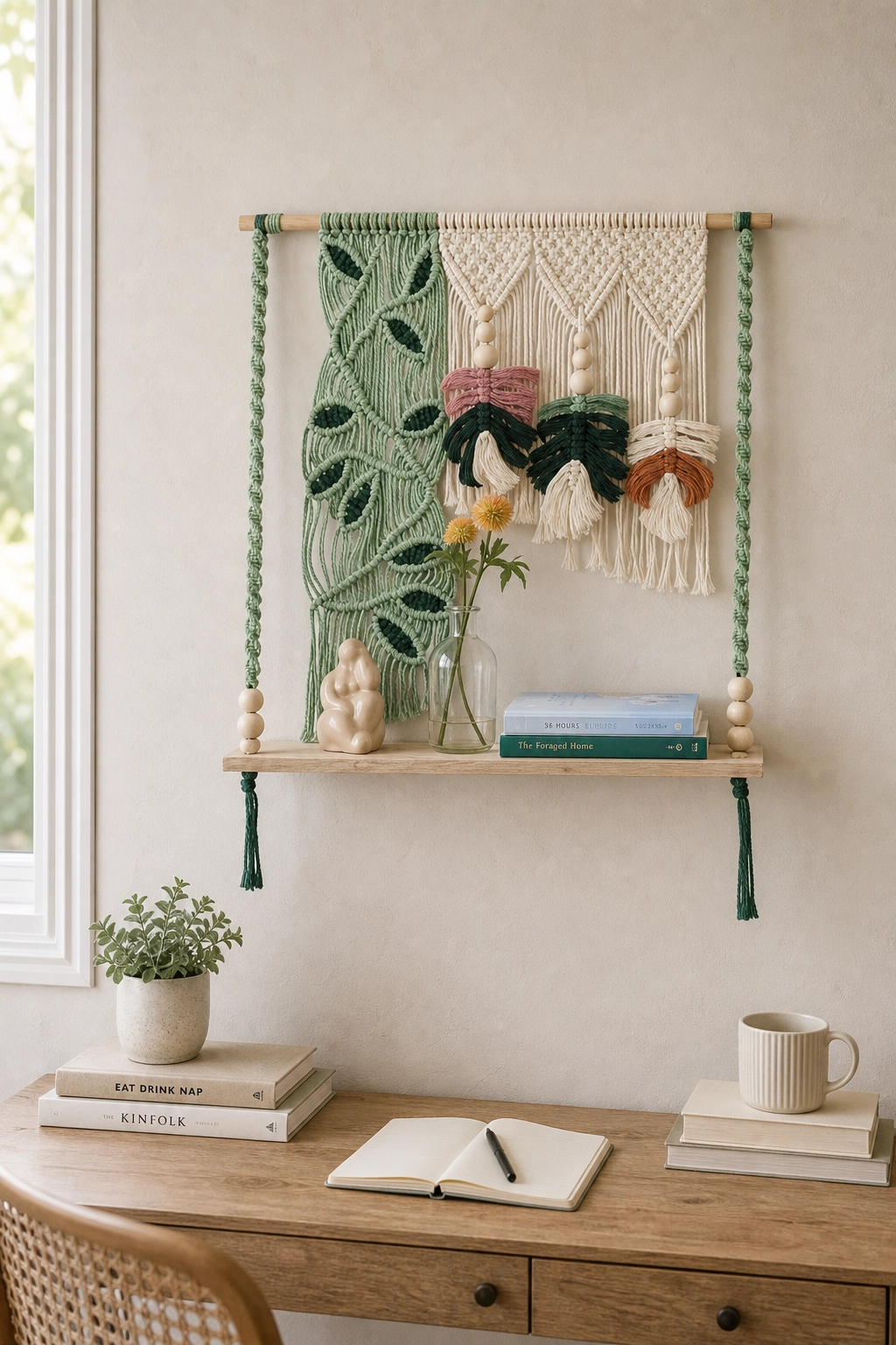 Twisted Threads Au Still Canopy Shelf made of functional fibre art, showcasing a stylish, artistic shelf with intricate fibre details.
