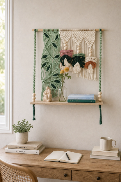 Twisted Threads Au Still Canopy Shelf made of functional fibre art, showcasing a stylish, artistic shelf with intricate fibre details.