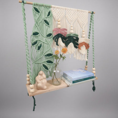 Twisted Threads Au Still Canopy Shelf made of functional fibre art, styled in a modern studio setting with decorative items.
