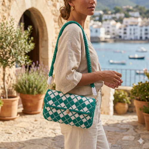 Woman holding a green and white checkered bag with a scenic background