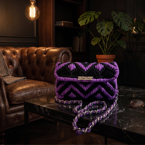 Twisted Threads Au Threadline 10 Purple Haze indoor lifestyle image showing vibrant purple hanging thread curtain.