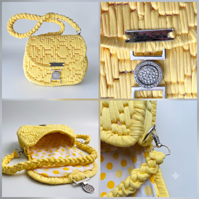 Handmade Threadline 12 Limoncello shoulder bag by Twisted Threads Au with a colorful woven design and adjustable strap.