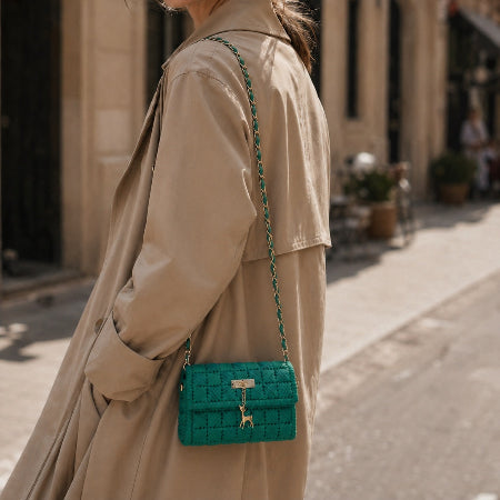 Twisted Threads Au Threadline 02 Malachite Muse handbag with leather strap and vibrant green and blue pattern, styled for everyday use