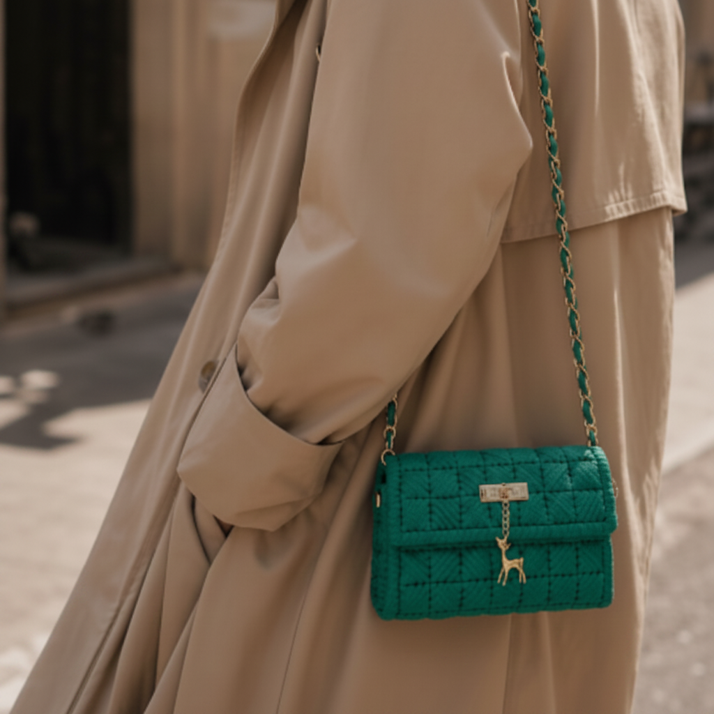 Green textured handbag worn over a beige coat on a blurred background