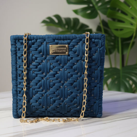 Denim blue Threadline 04 Pavilion mini shoulder bag by Twisted Threads Au with stitched detailing and compact design.