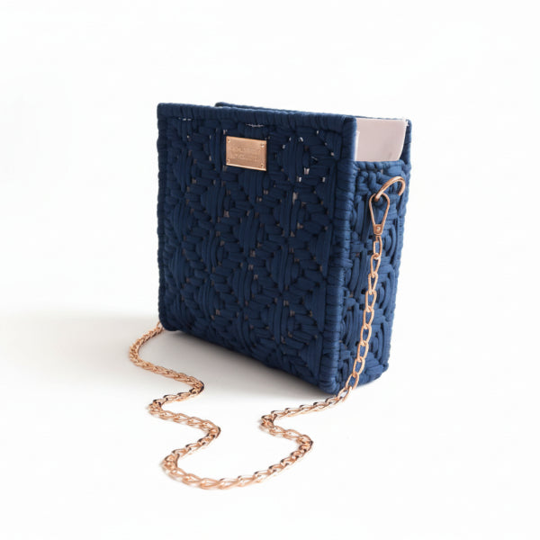 Denim blue Threadline 04 Pavilion mini shoulder bag by Twisted Threads Au, side view showing stitching and compact design.