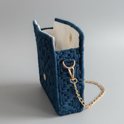 Denim blue Threadline 04 Pavilion mini shoulder bag by Twisted Threads Au, showing exterior stitching and interior lining.