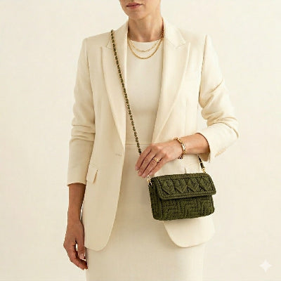 Olive green Threadline 06 Milanese convertible clutch handbag by Twisted Threads Au, with a sleek, stylish design and versatile carrying options.