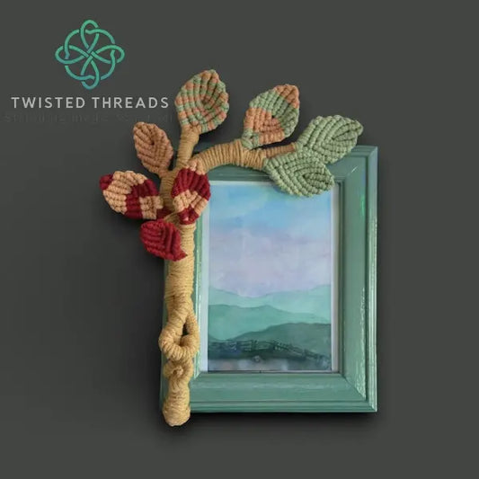 Twisted Threads Au Stillroot Frame, a 6x8 macrame photo frame made from functional fibre art with intricate knots and natural design.