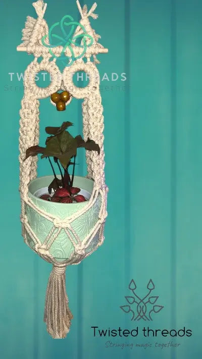 Macrame plant hanger by Twisted Threads Au featuring a detailed owl design, perfect for displaying potted plants.