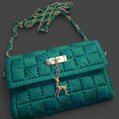 Twisted Threads Au Threadline Handbag The Malachite Muse with magnetic closure and vibrant green, textured fabric.
