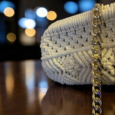 Threadline 01 Wide Mouth Clutch by Twisted Threads Au featuring a silver chain shoulder strap and spacious interior.