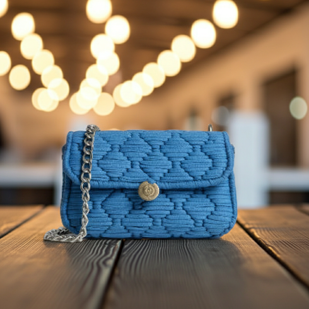 Blue Threadline 05 Sapphire Mini Clutch handbag by Twisted Threads Au, showing its compact design and textured leather exterior.